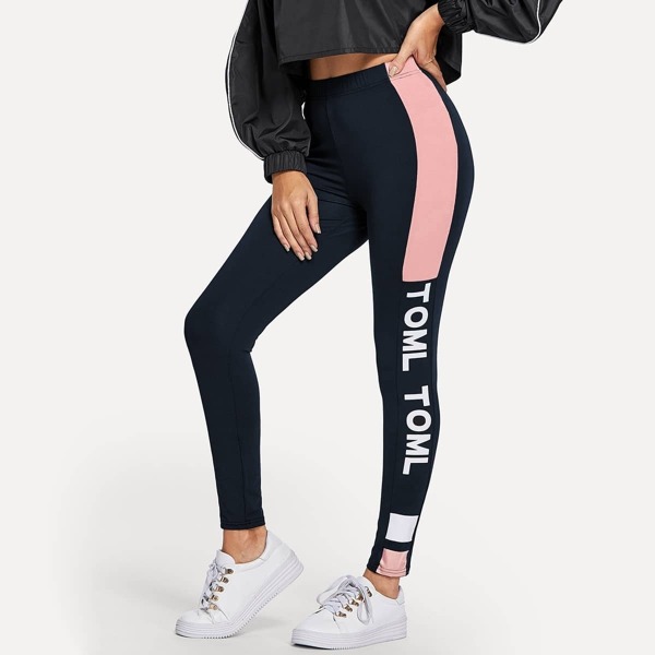 

Letter Print Colorblock Leggings