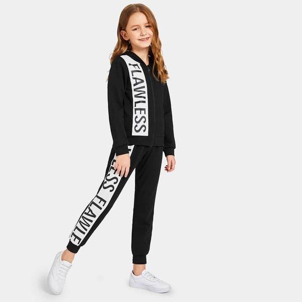 

Girls Letter Print Zip Up Hoodie & Sweatpants Set