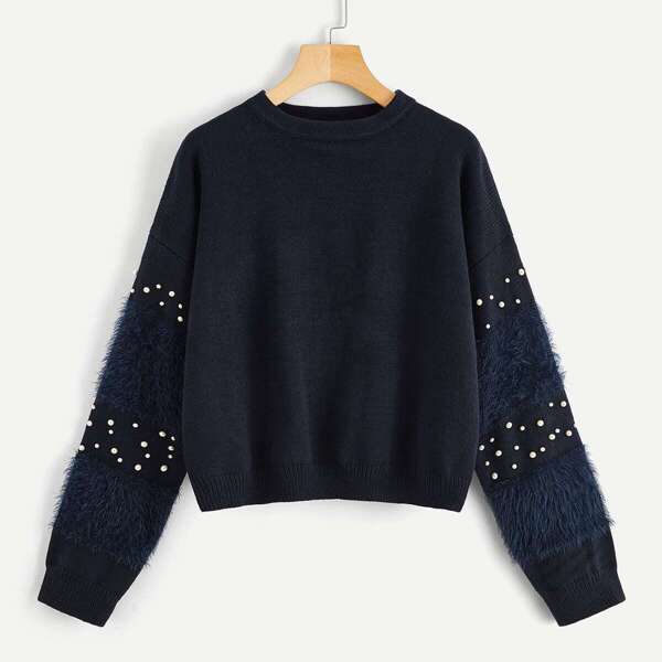 

Faux Fur & Pearl beaded Sleeve Sweater