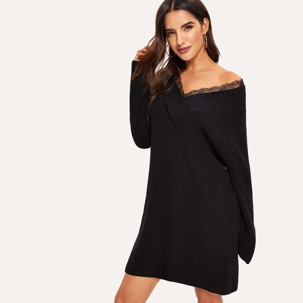 

Lace Insert Neck Wrap Knit Dress