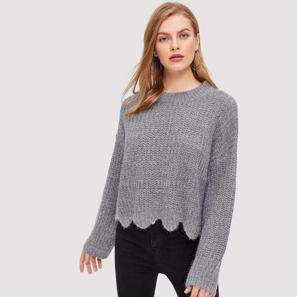 

Drop Shoulder Scalloped Hem Jumper