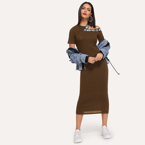 

Asymmetrical Letter Neck Ribbed Knit Dress