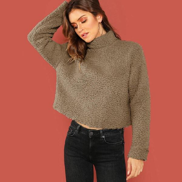 

High Neck Crop Teddy Pullover, Camel