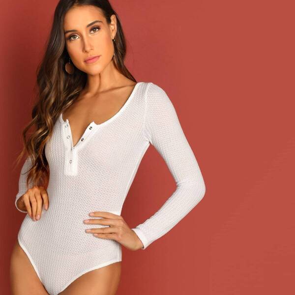 

Snap Button Neck Waffle Knit Bodysuit