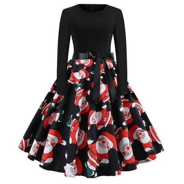 

50s Christmas Print Self Tie Circle Dress, Black