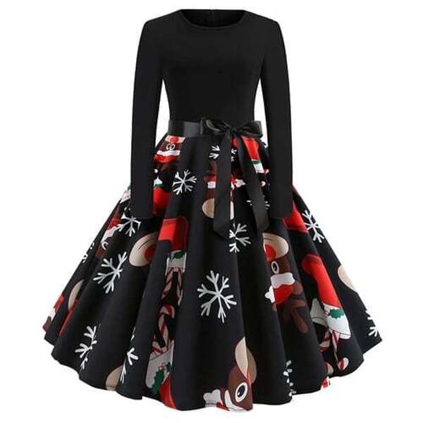 

50s Christmas Print Self Tie Flared Dress, Black