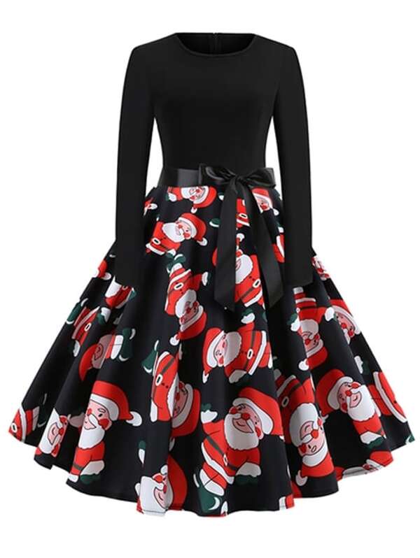 

50s Christmas Print Self Tie Circle Dress, Black