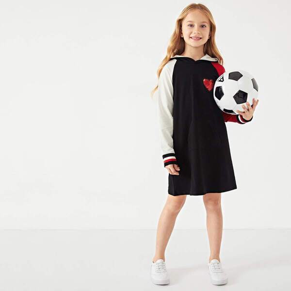 

Toddler Girls Contrast Sequin Hoodie Dress, Black