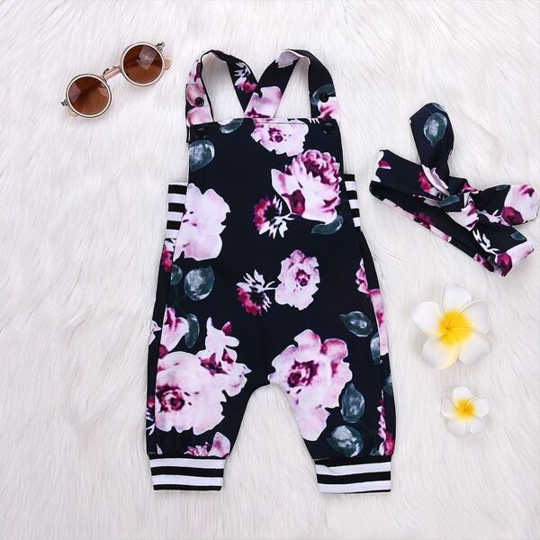 

Toddler Girls Floral Print Straps Jumpsuit & Headband