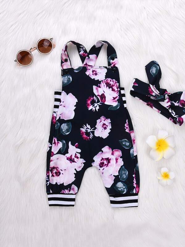 

Toddler Girls Floral Print Straps Jumpsuit & Headband, Navy