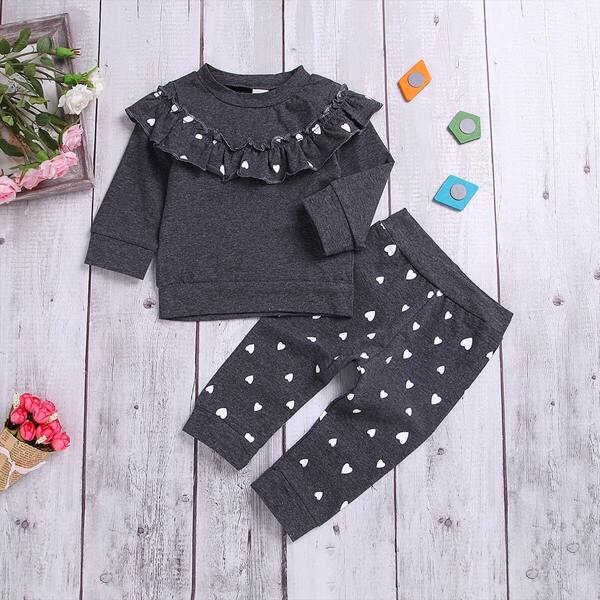

Toddler Girls Frill Trim Sweatshirt & Heart Pattern Pants, Grey