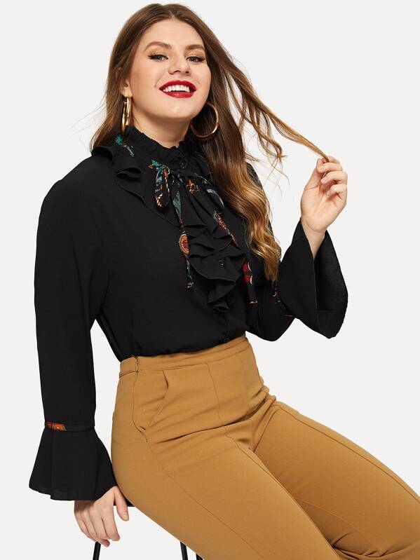 

Plus Bow Detail Flounce Sleeve Blouse, Black, Isabela