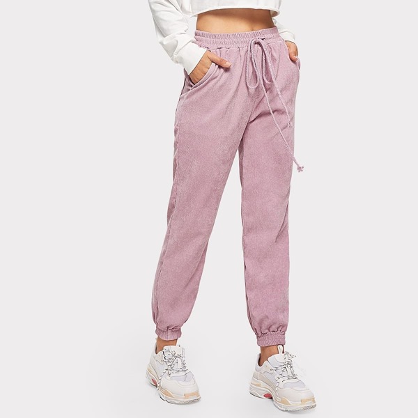 

Solid Drawstring Waist Corduroy Pants
