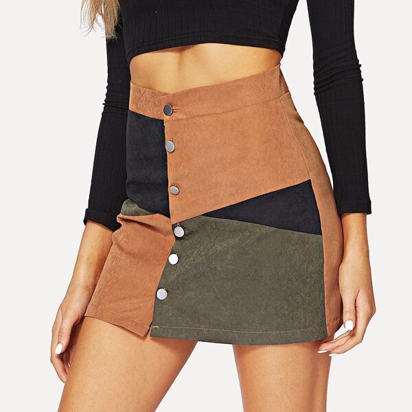 

Color-block Button Through Skirt