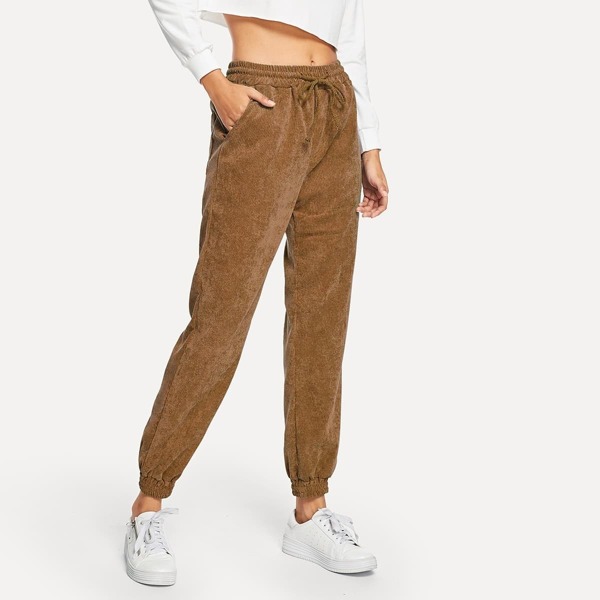 

Drawstring Waist Solid Cord Pants