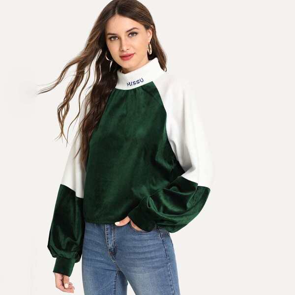 

Bishop Sleeve Letter Embroidery Velvet Sweatshirt