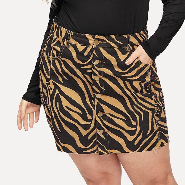 

Plus Zebra Pattern Raw Hem Denim Skirt, Multicolor