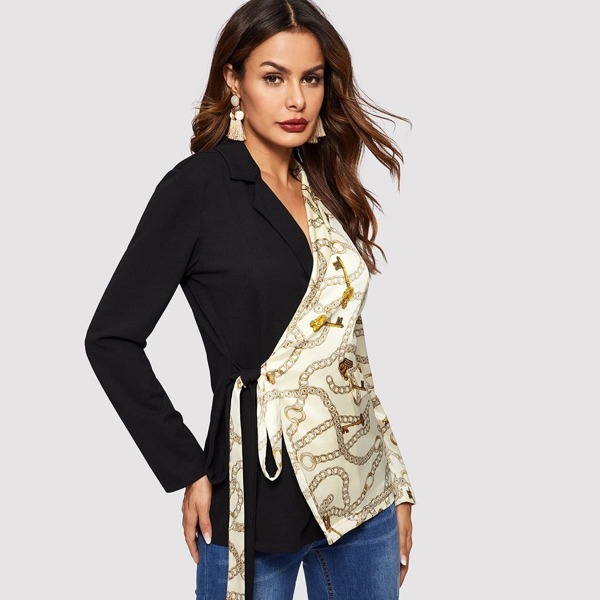 

Notch Collar Chain Print Wrap Knot Blazer, Multicolor