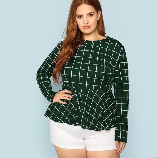 

Plus Grid Print Peplum Top