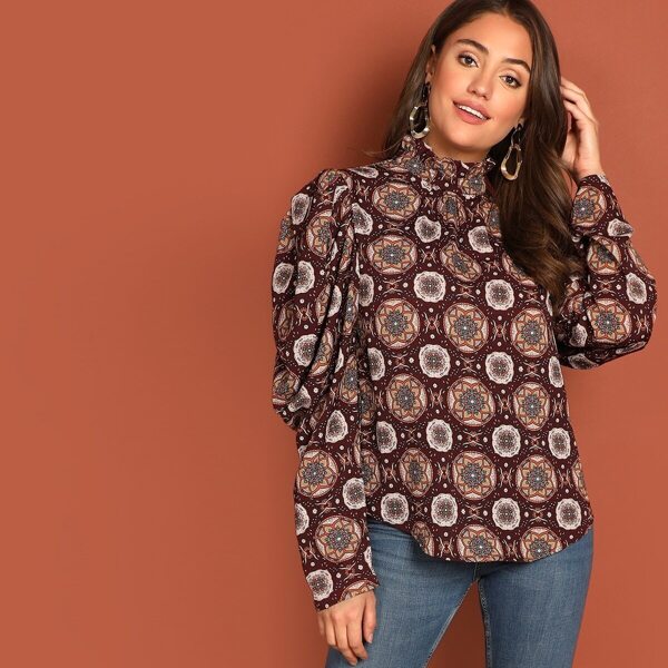 

Frilled Neck Ornate Print Top