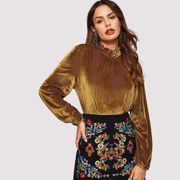 

Frilled Neck Ribbed Velvet Top