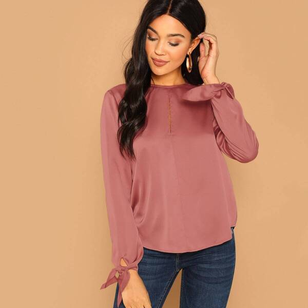 

Slit Front Knot Cuff Top, Pink