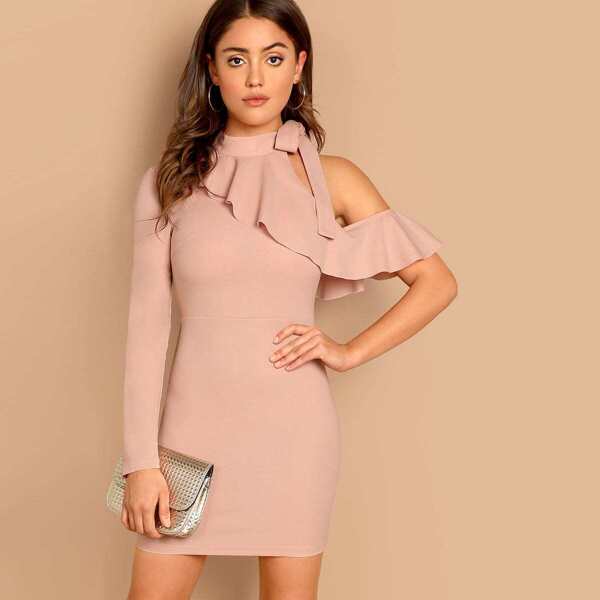 

Asymmetrical Ruffle Shoulder Tie Neck Dress