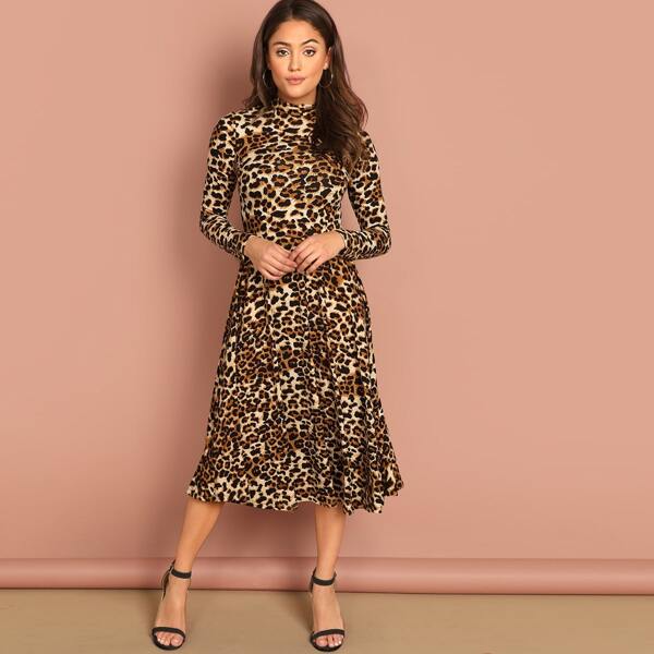 

Mock-neck Keyhole Back Fit and Flare Leopard Dress