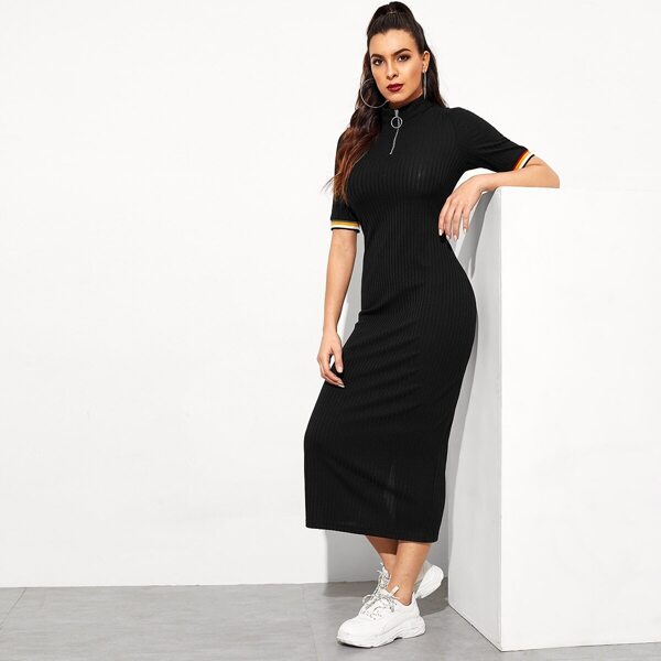

Zip Front Striped Cuff Rib-knit Dress, Black