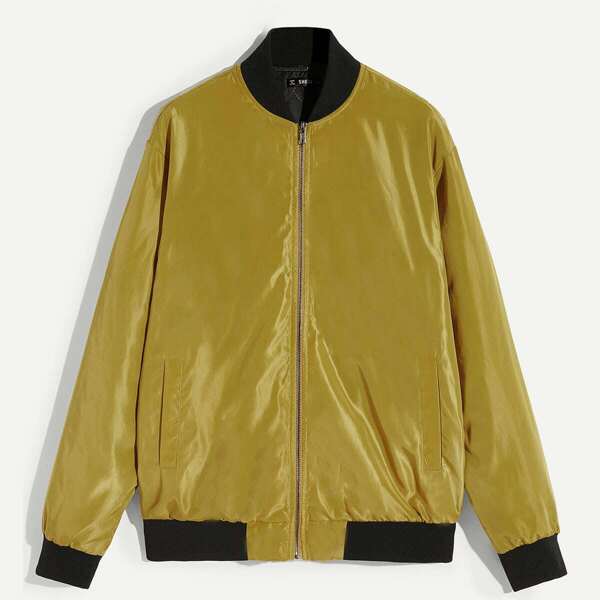 

Men Contrast Trim Bomber Jacket, Yellow