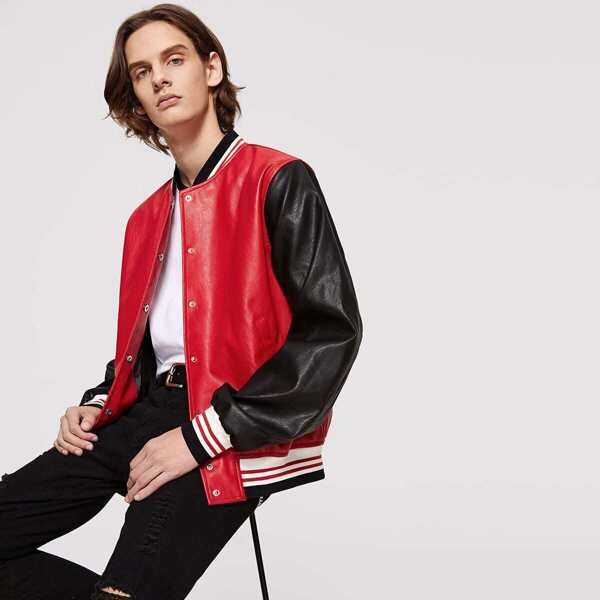 

Men Contrast Striped Colorblock PU Baseball Jacket, Multicolor