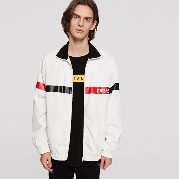 

Men Contrast Collar Printed Zip Up Jacket