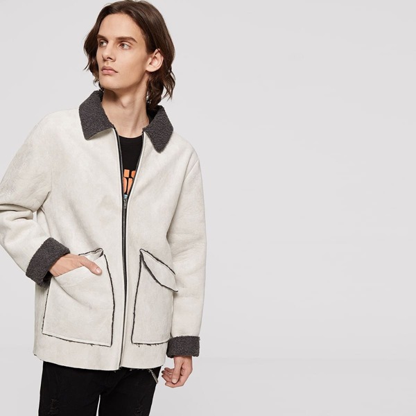 

Men Zip Up Pocket Patched Contrast Lined Jacket