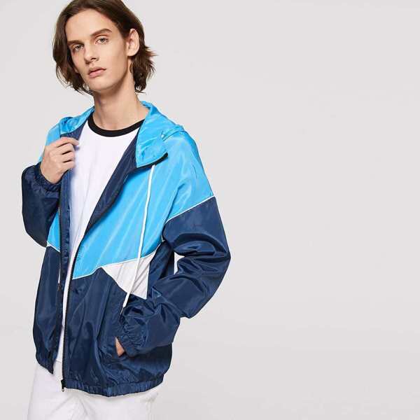 

Men Zip Up Hooded Color-Block Jacket, Blue