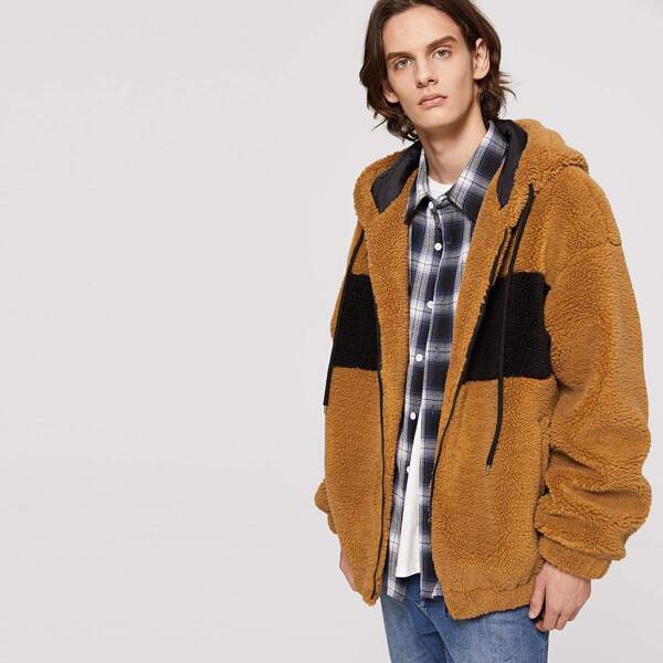

Men Zip Up Drawstring Teddy Hoodie Jacket