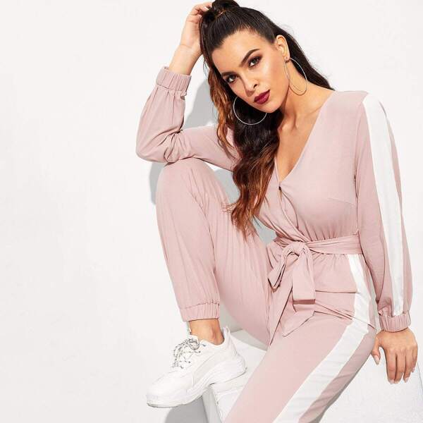 

Contrast Side Seam Wrap Jumpsuit With Belt