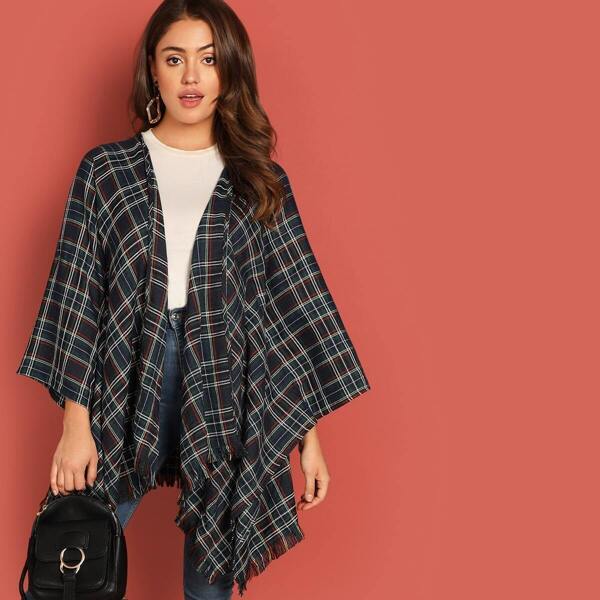 

Open Front Raw Hem Plaid Cape Coat