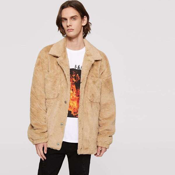 

Men Symmetrical Pocket Front Teddy Jacket