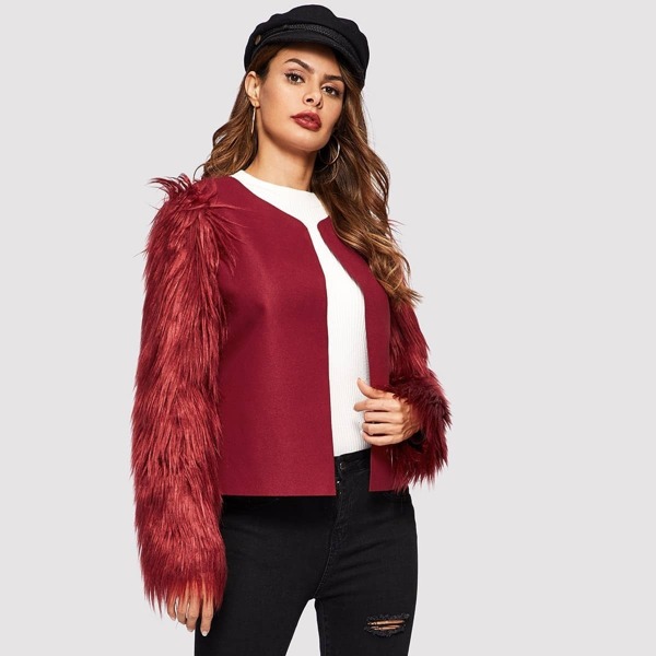 

Faux Fur Sleeve Open Front Coat, Burgundy