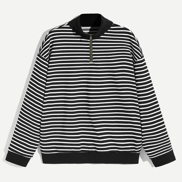 

Men Zip Up Half Placket Striped Pullover, Black and white
