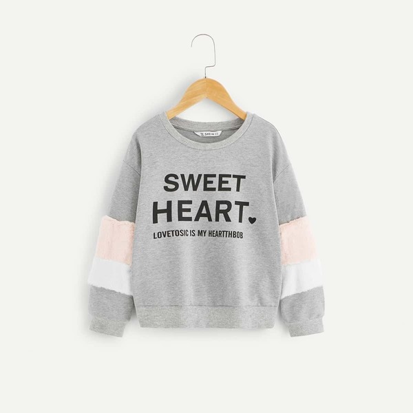

Girls Contrast Faux Fur Drop Shoulder Pullover, Grey