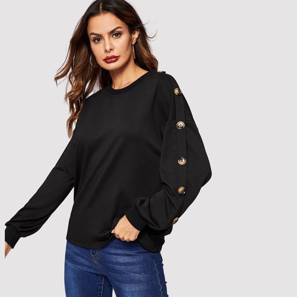 

One Side Buttoned Sleeve Sweatshirt
