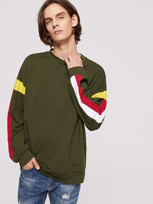 

Men Crew Neck Drop Shoulder Contrast Sideseam Pullover, Army green, Ismael
