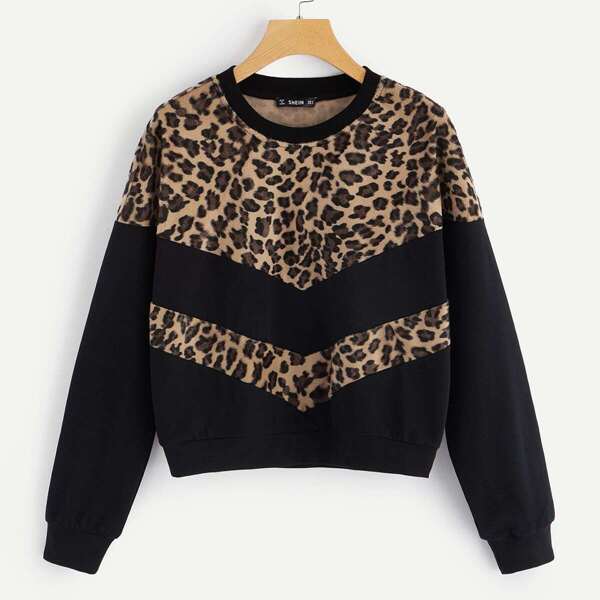 

Leopard Print Cut-and-sew Sweatshirt