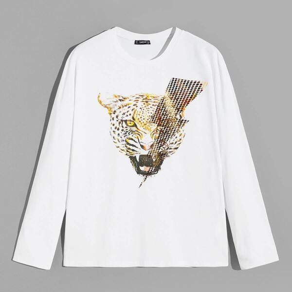

Men Leopard Print Sequin Lightning Detail T-shirt