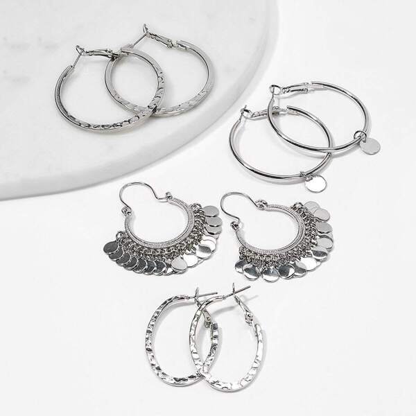 

Disc Charm Hoop Earrings 4pairs, Silver