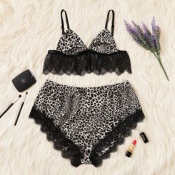 

Plus Lace Trim Leopard Lingerie Set