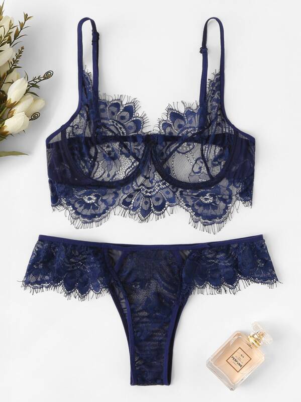 

Eyelash Lace Lingerie Set, Navy
