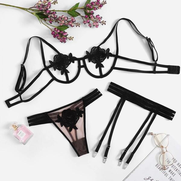 

Appliques Strappy Garter Lingerie Set, Black
