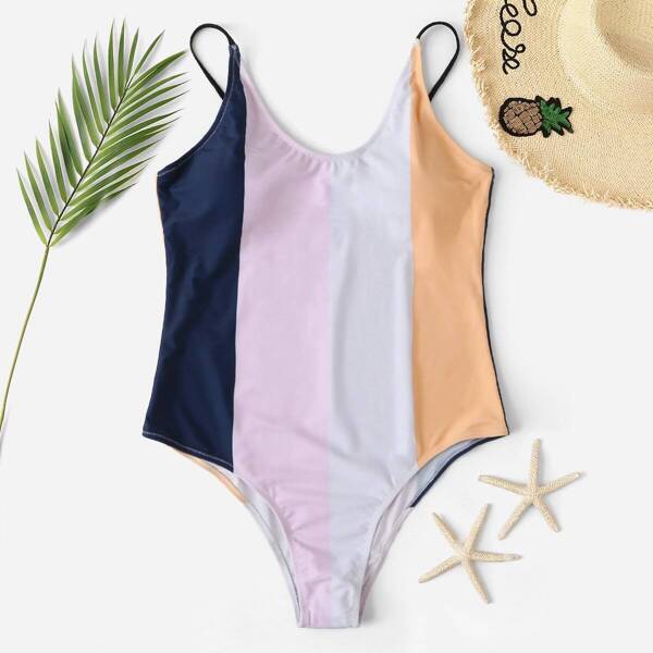 

Plus Striped Block Cami One Piece Swimsuit, Multicolor